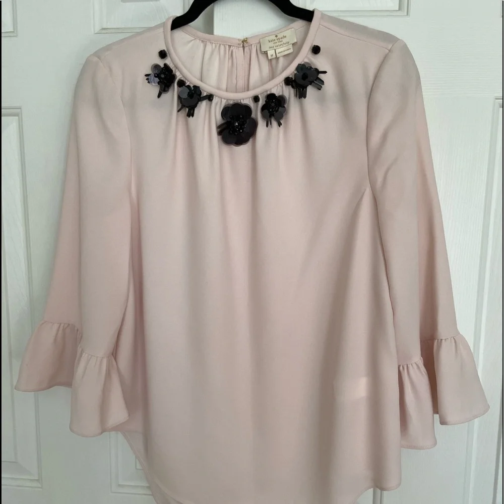 Kate Spade Women’s Embellished Crepe Top Medium Pink Ruffled Sleeve